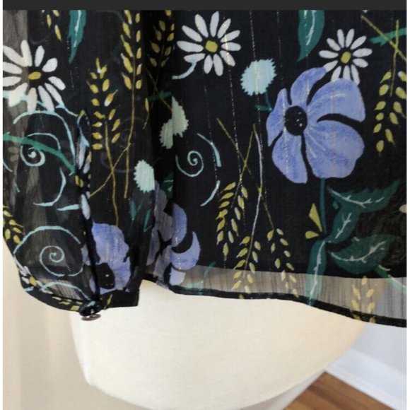 Banana Republic M Boho Blouse Floral Ruffle Pleats Medium Black Blue Green Daisy - Picture 3 of 8